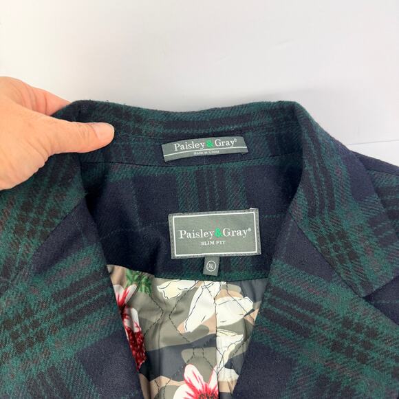 PAISLEY & GRAY XL WOOL TARTAN PLAID NAVY GREEN DOUBLE BREASTED LONG Men OVERCOAT - Picture 11 of 14